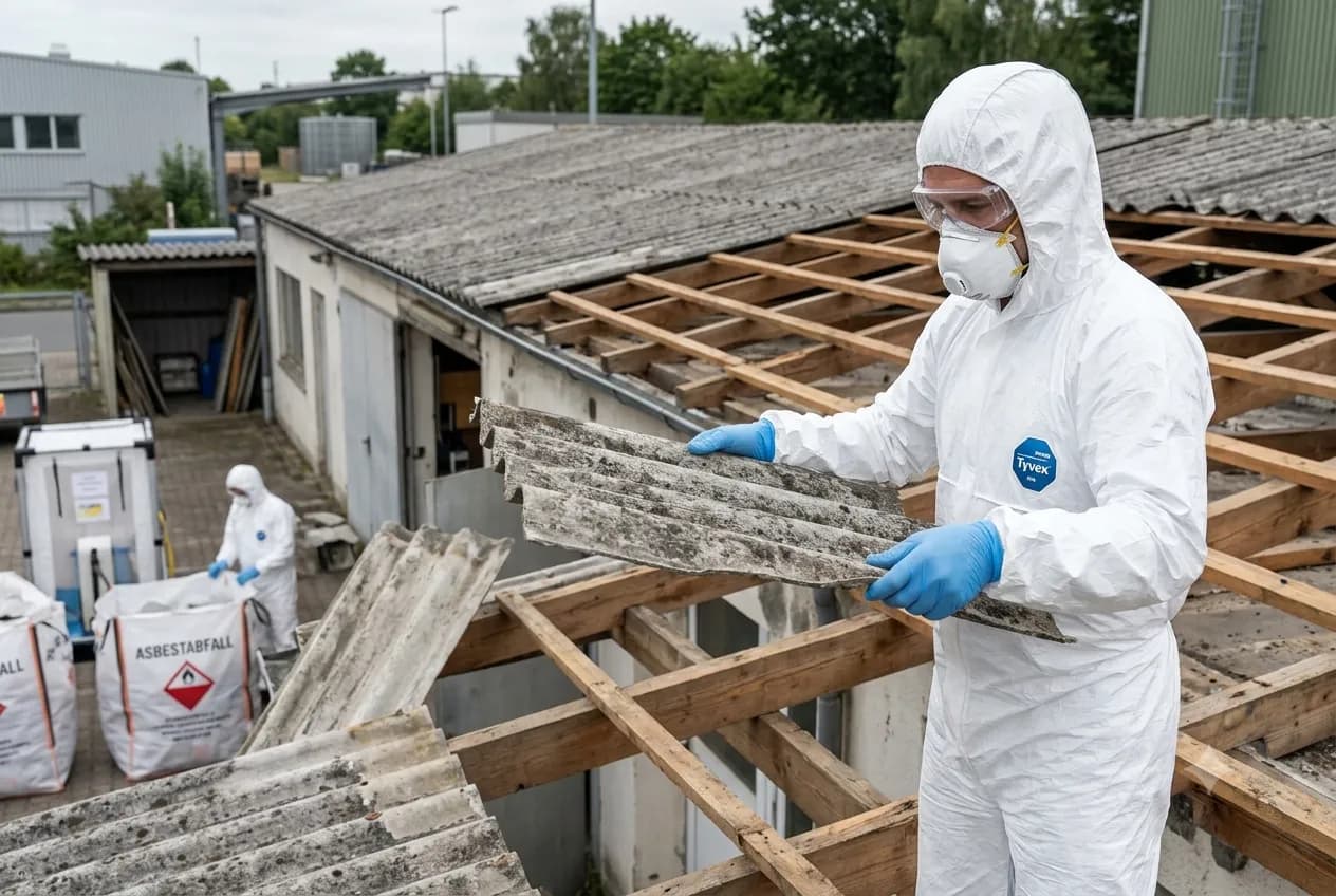 Fachkraft in Schutzanzug trägt asbesthaltige Dachplatten ab