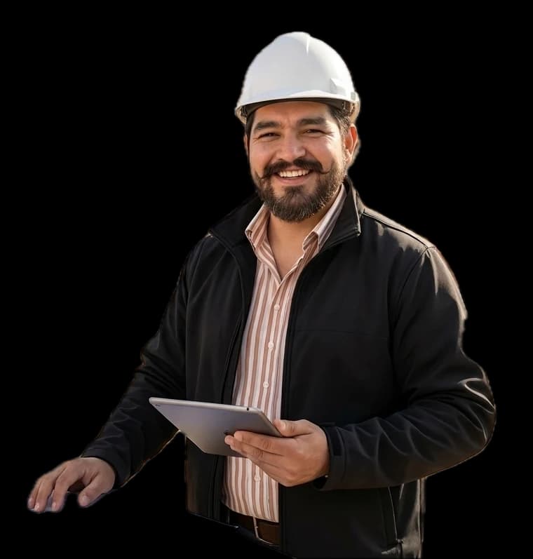 Gabor Matei, Inhaber und Dachdeckermeister von TOP DACH SERVICE, mit Helm und Tablet auf der Baustelle